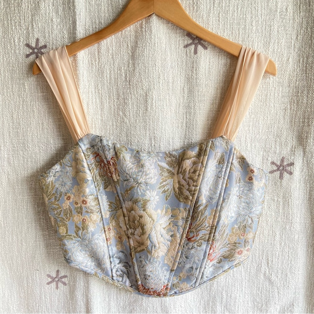 Altar’d State floral brocade corset top L blue cream fairycore regency cottage